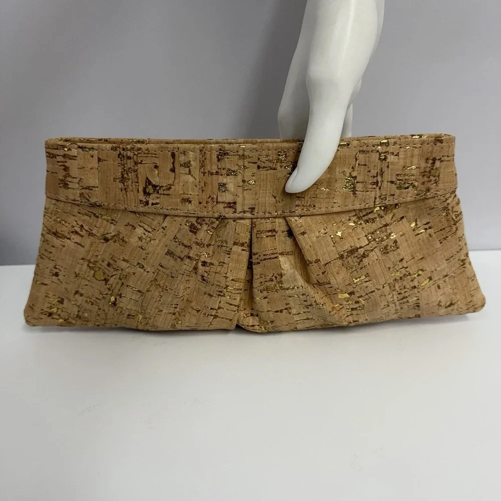 Lauren Merkin Cork Gold Flecks Clutch Bag Purse NWT Tan & Gold Tones